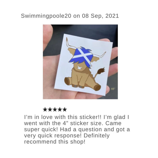 customer review of the highland cow sticker on sept 2021