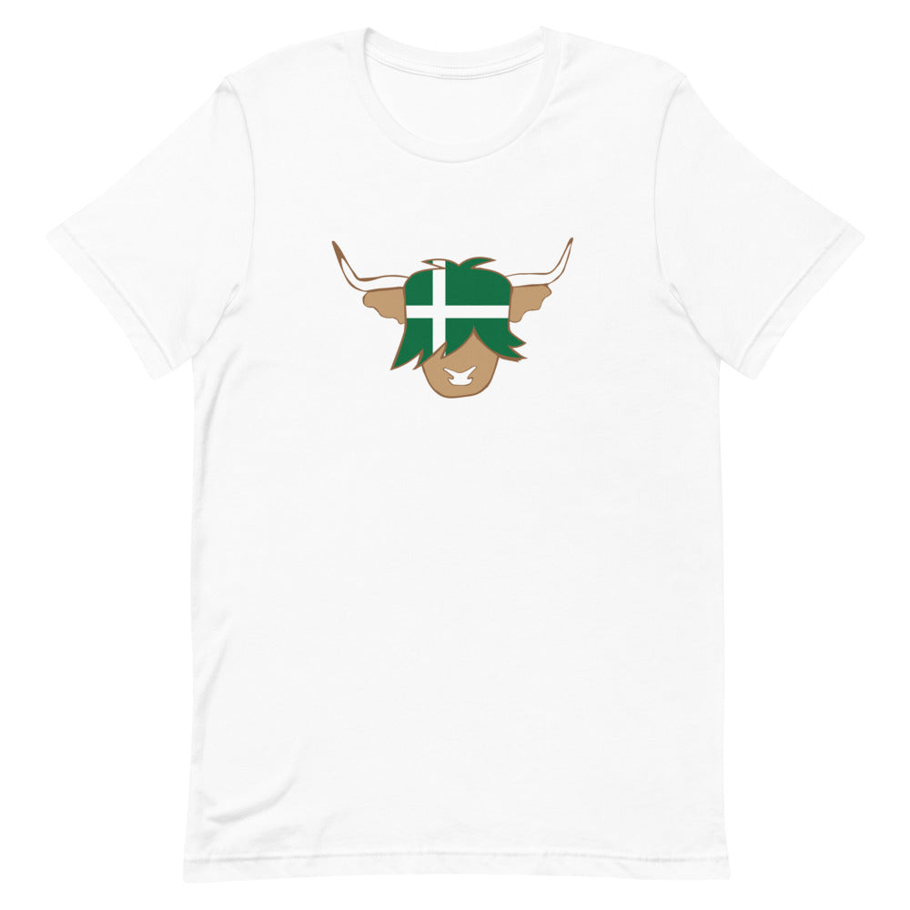 a white t-shirt with the flag of barra island in a highland cow
