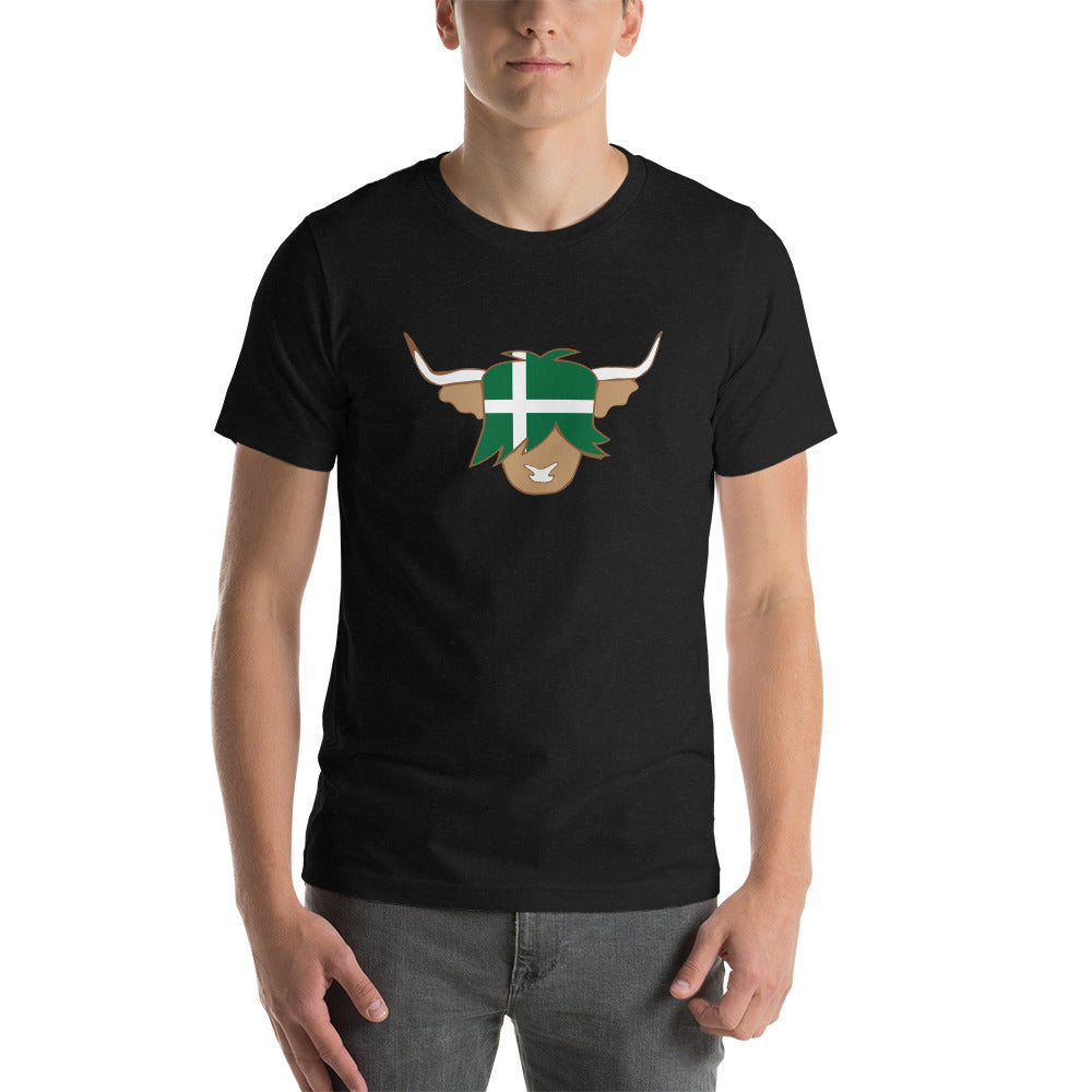 a-man-backpacking-wearing-a-highland-cow-black tshirt-with-barra-island-flag