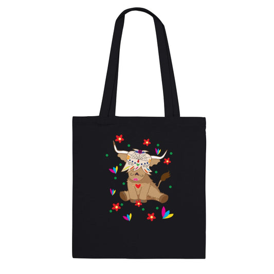 Highland cow dia de los muertos Tote illustration on a black tote bag