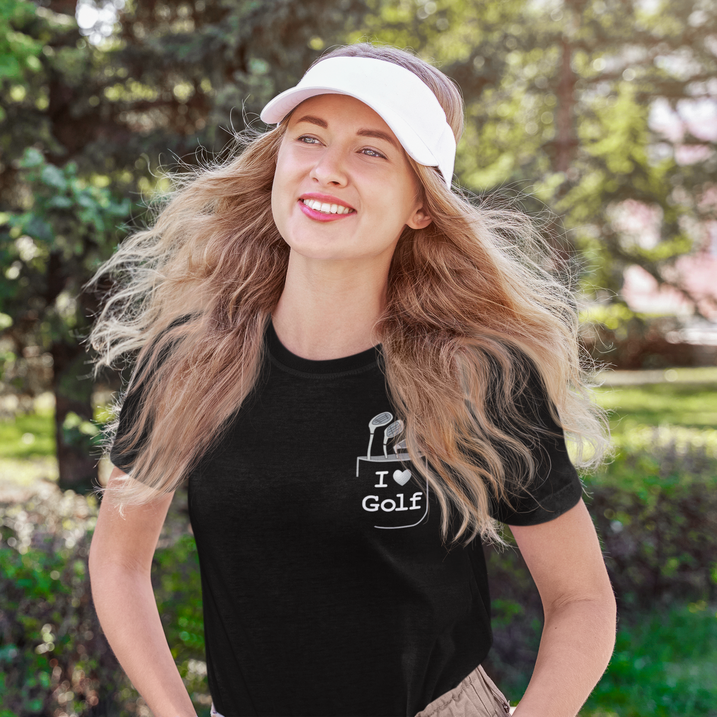 Cute woman Golfing shirt I love golf t-shirt fake pocket