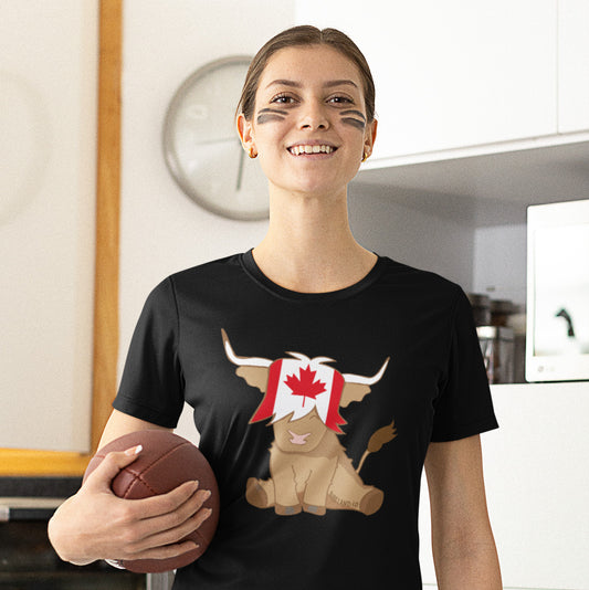 woman wearing a black thsirt with a candian flag highland cow