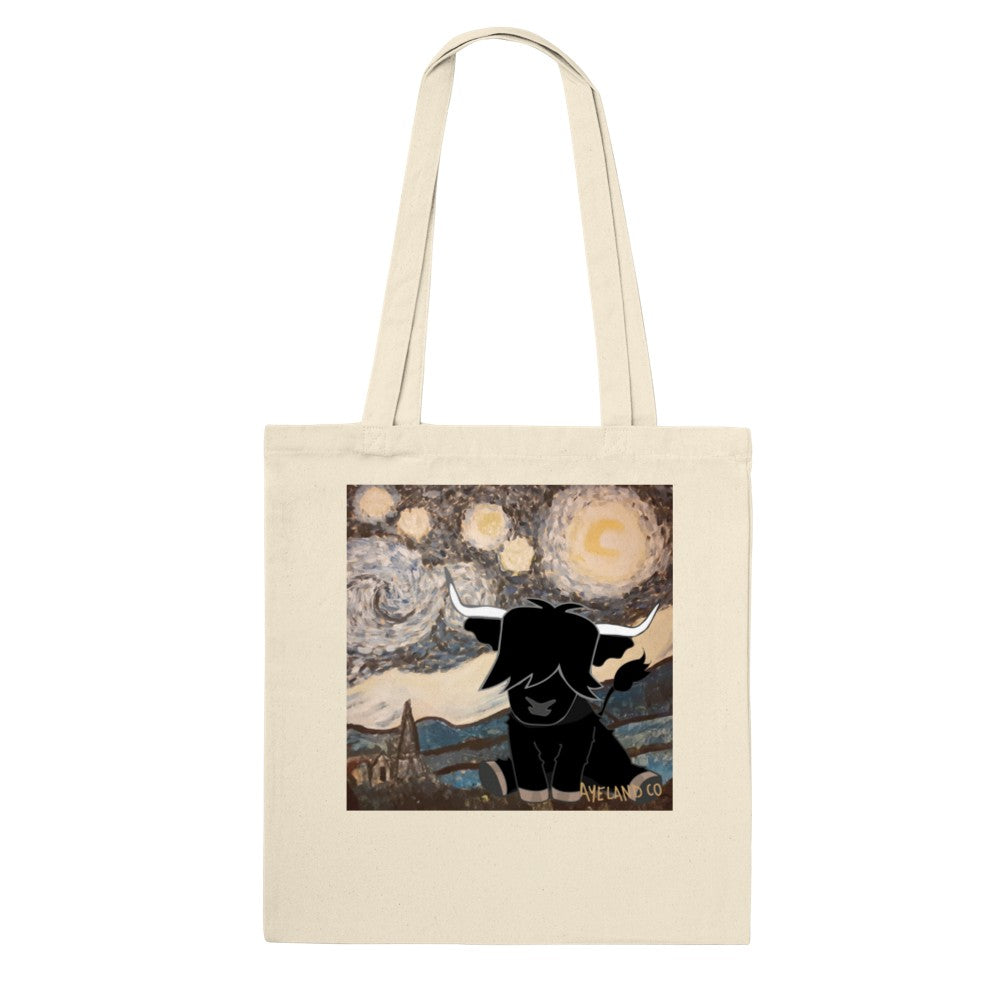 Artsy Highland cow natural Tote bag van gogh starry night inspiration.