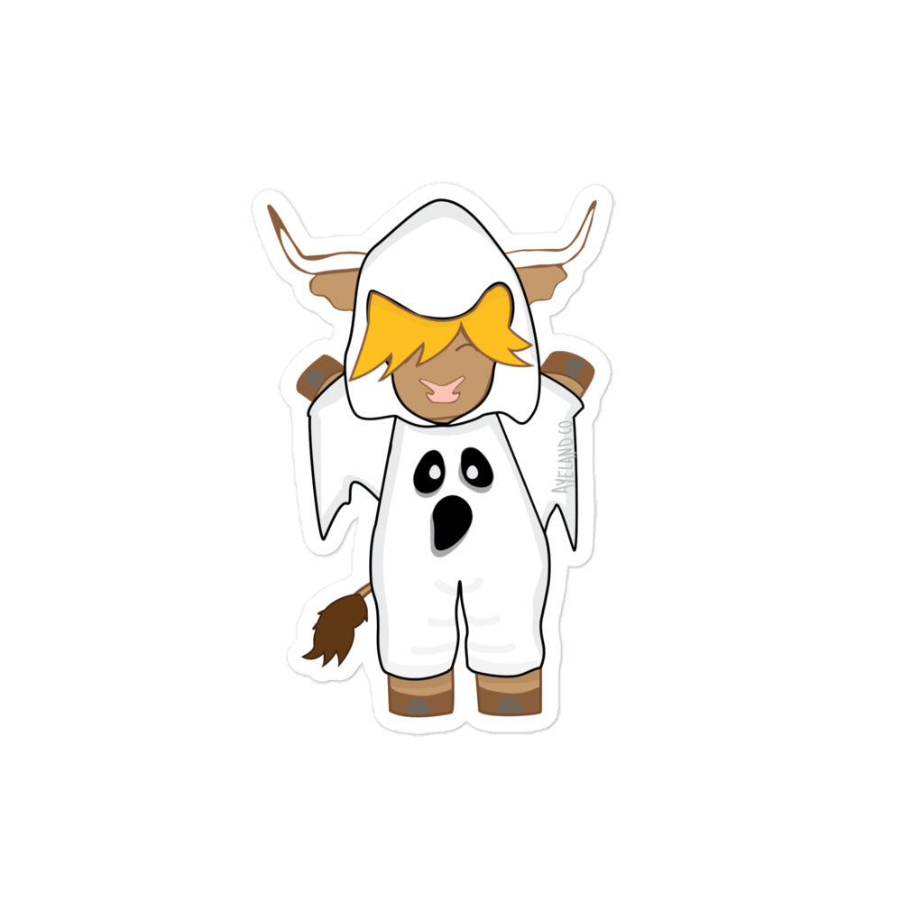 White halloween highland cow ghost sticker