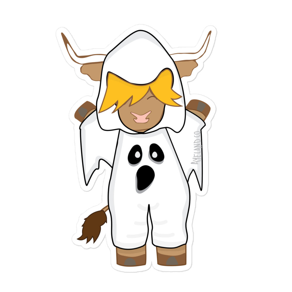 White halloween highland cow ghost sticker