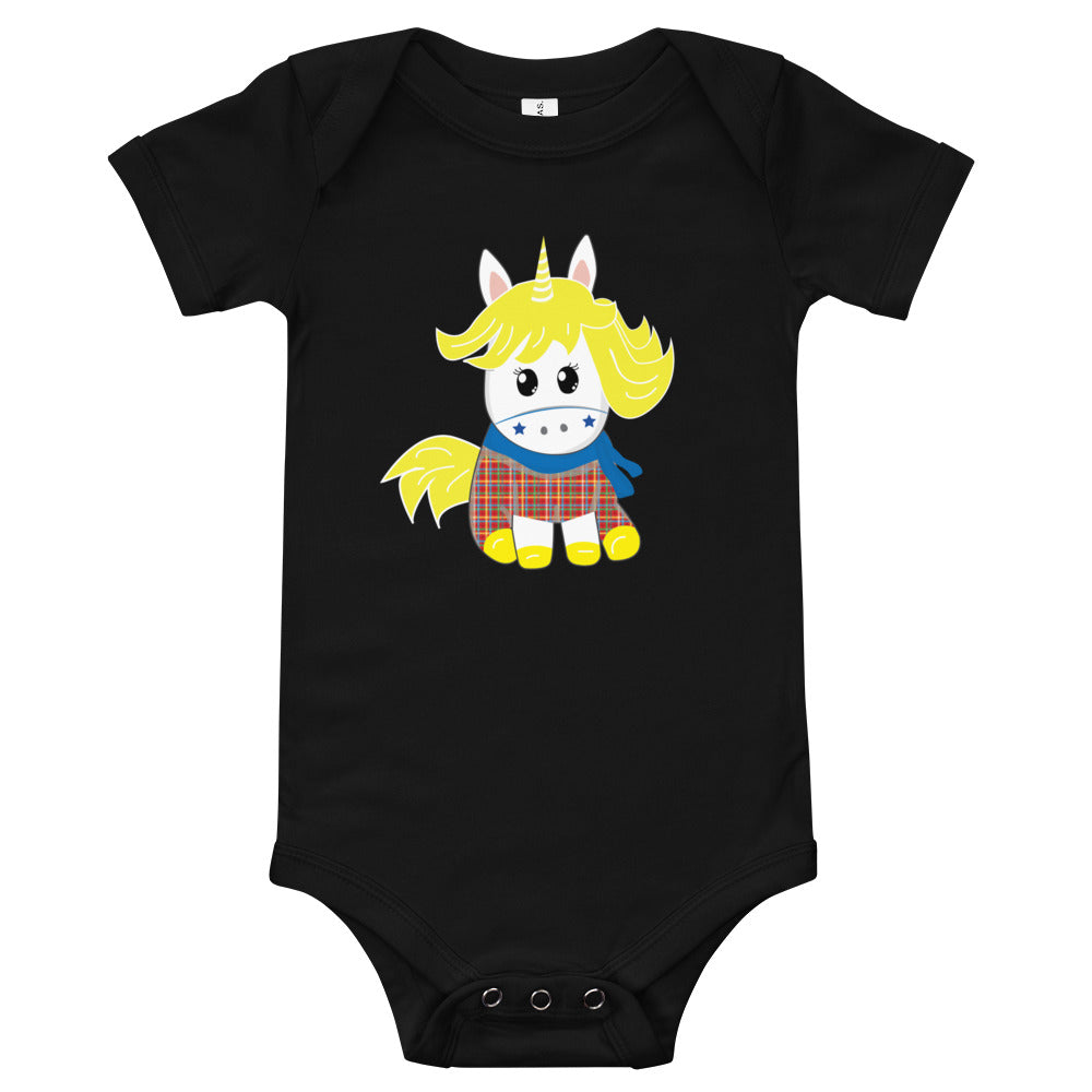 Black babygrow featuring a super cute Scottish unicorn wearing a tartan jumpsuit .