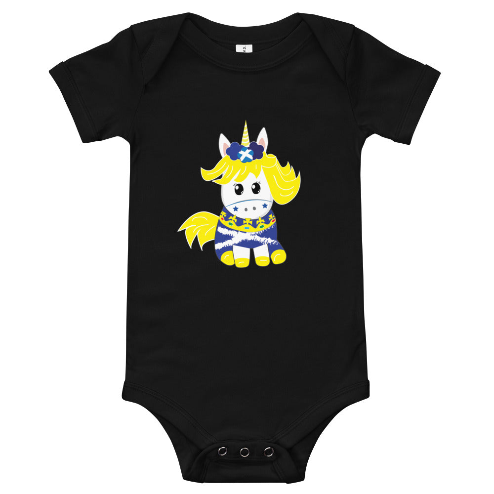 Black babygrow featuring a cute Scottish unicorn with the flag of scotland and the crown