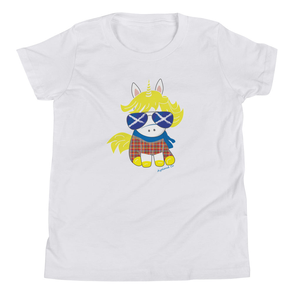 Flag of scotland sunglasses on Scottish tartan unicorn shirt Youth Short Sleeve T-Shirt