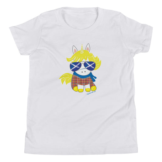 Flag of scotland sunglasses on Scottish tartan unicorn shirt Youth Short Sleeve T-Shirt