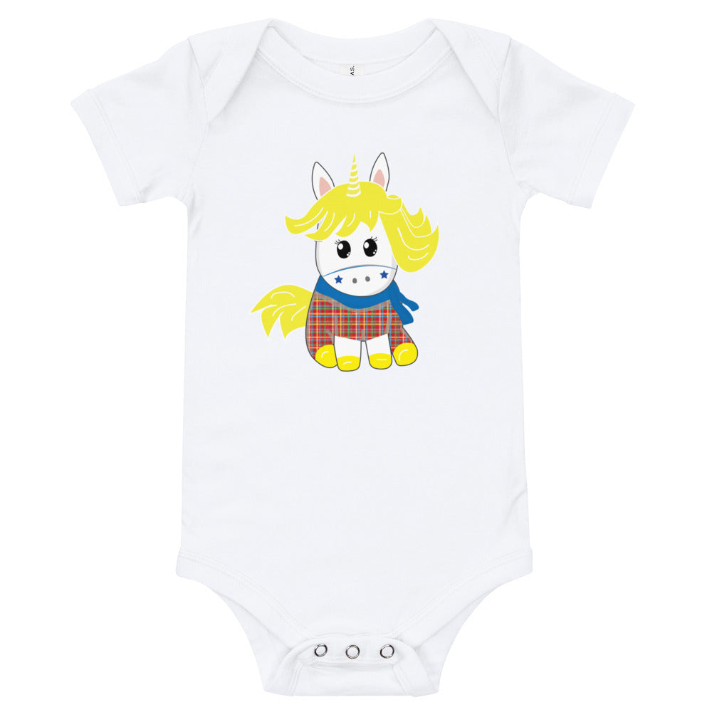 White babygrow featuring a super cute Scottish unicorn wearing a tartan jumpsuit .