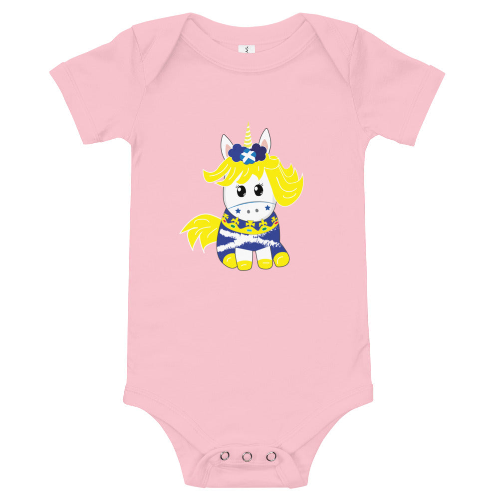 Pink babygrow featuring a cute Scottish unicorn with the flag of scotland and the crown