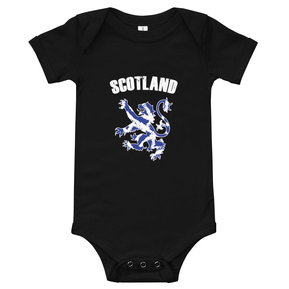Black babygrow featuring a super cute Rampant lion with the word "SCOTLAND"