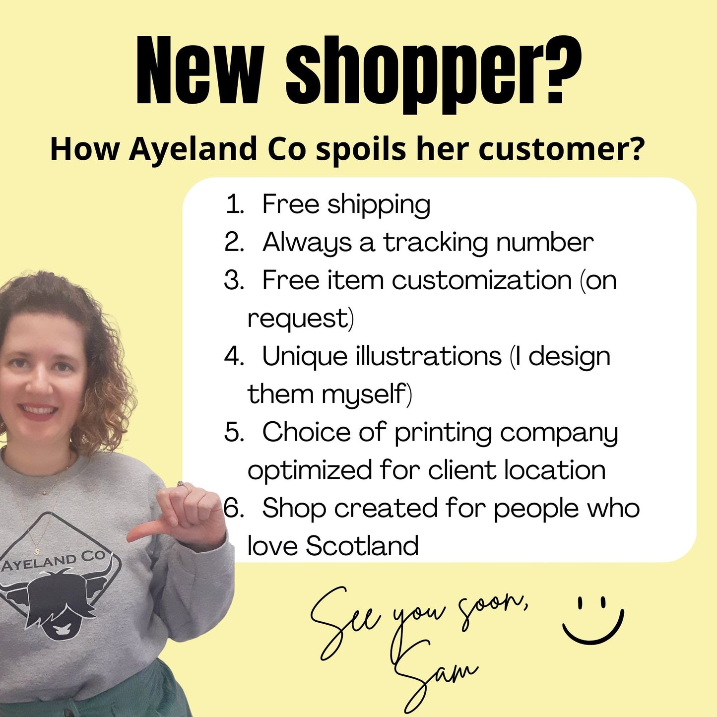 Owner of ayeland co explaining the shop perks