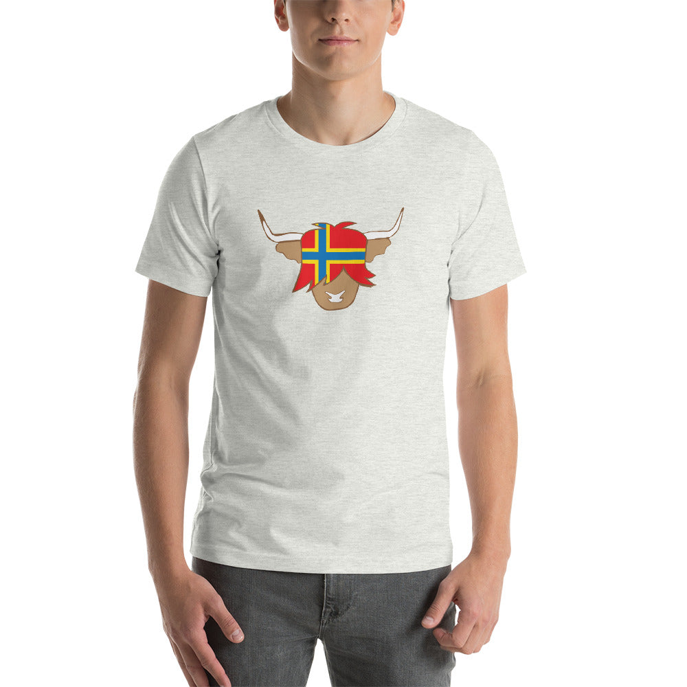 man wearing an ash t-shirt with a flag of orkney on a highland cow