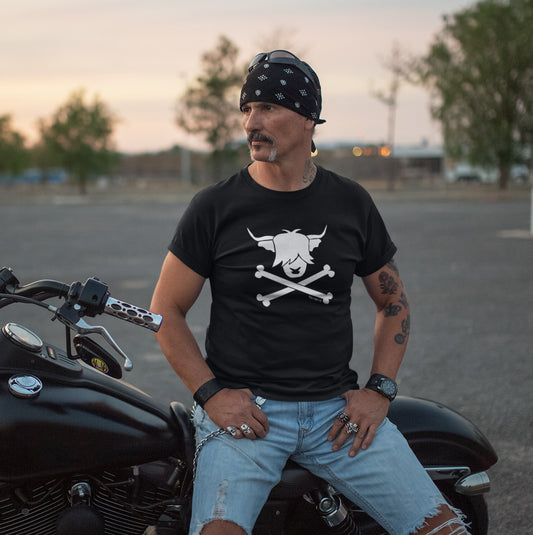 Biker wearing a pirate highland cow tshirt
