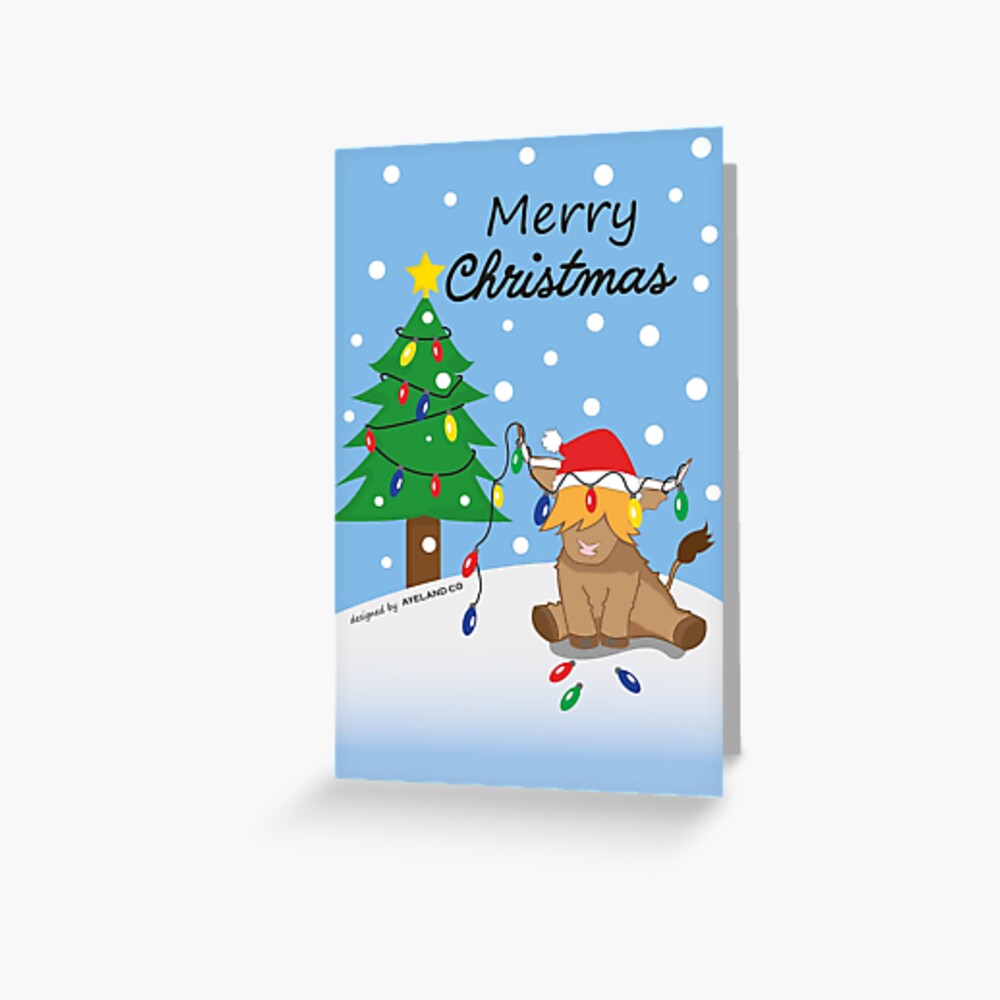 christmas card of a highland cow tangled in christmas lights