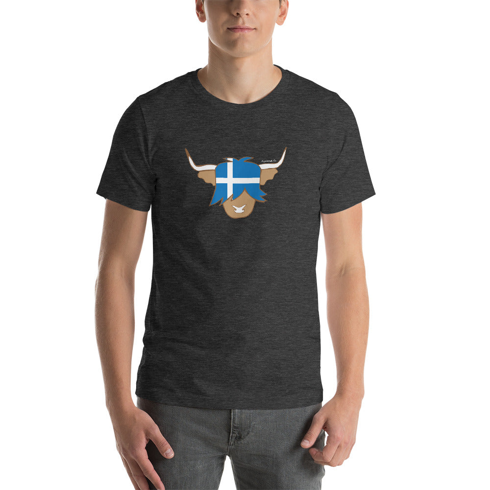 man wearing a grey heather scottish highland cow t-shirt