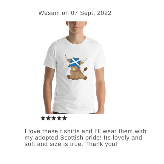 customer review of a scottish highland cow tshirt