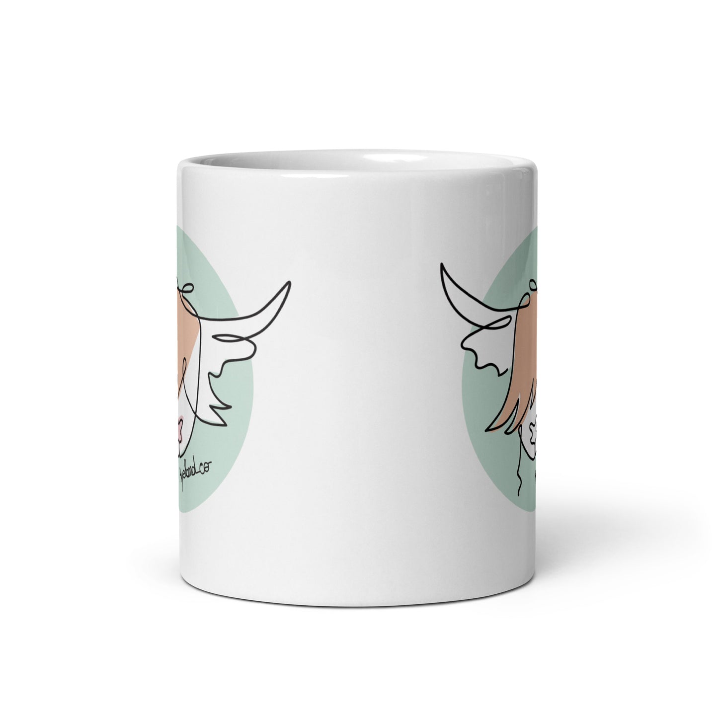 Line art highland cow silhouette stylish white glossy mug