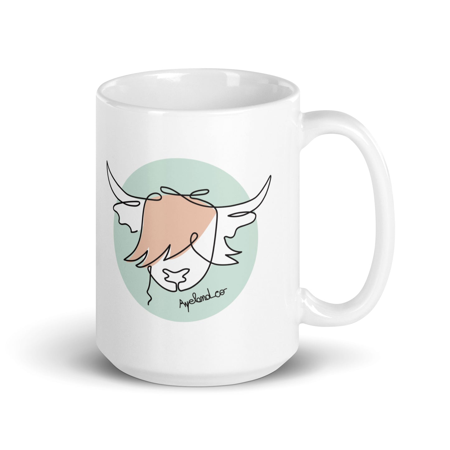 Line art highland cow silhouette stylish white glossy mug