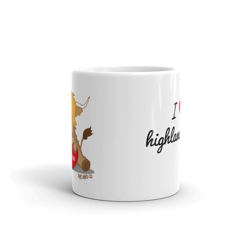 11 oz white ceramic custom love scottish highland cow red heart mug - front view