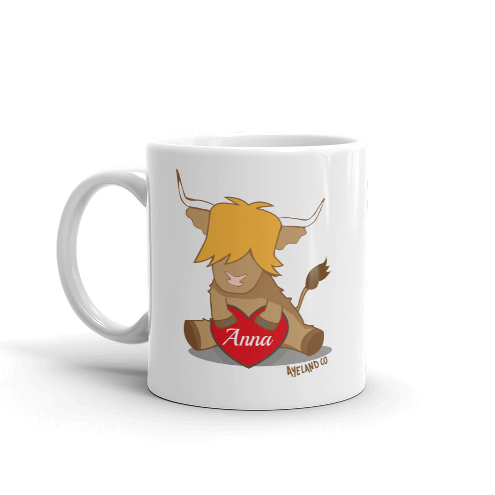 11 oz white ceramic custom love scottish highland cow red heart mug - side 1