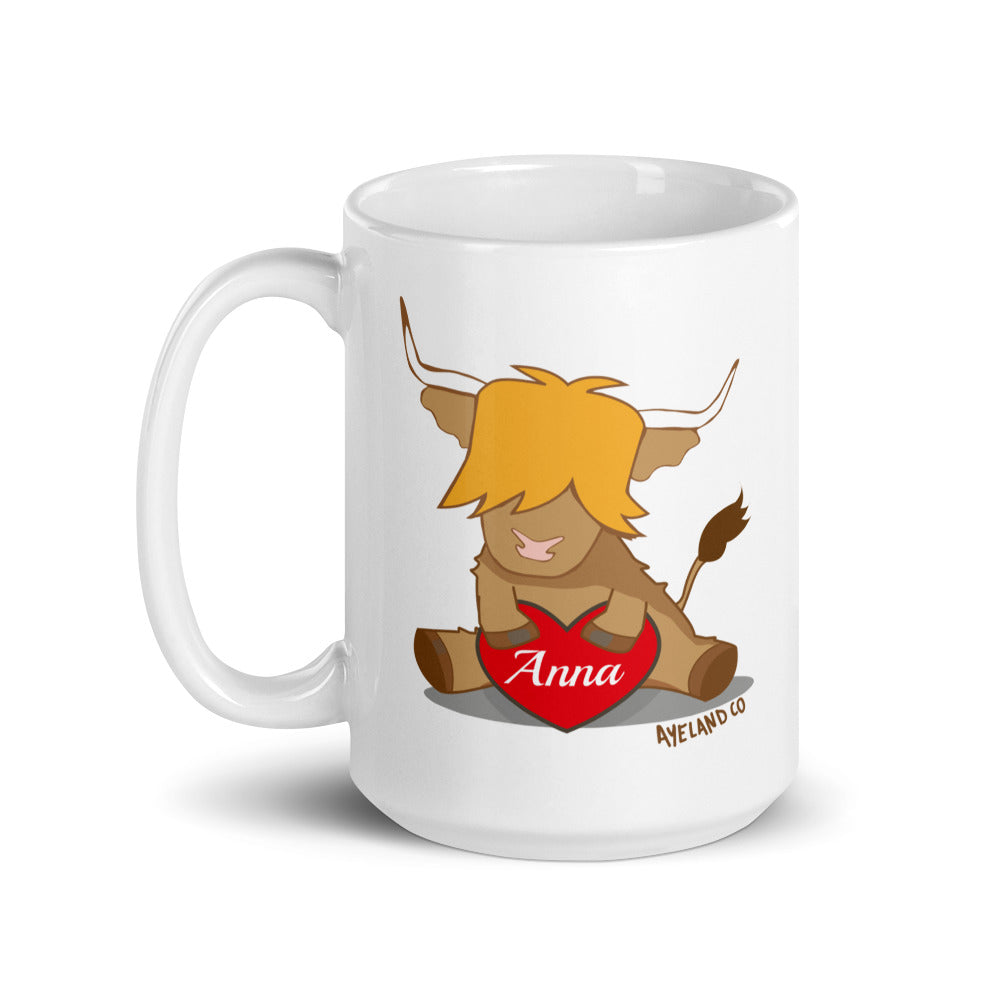 15 oz white ceramic custom love scottish highland cow red heart mug - side 1