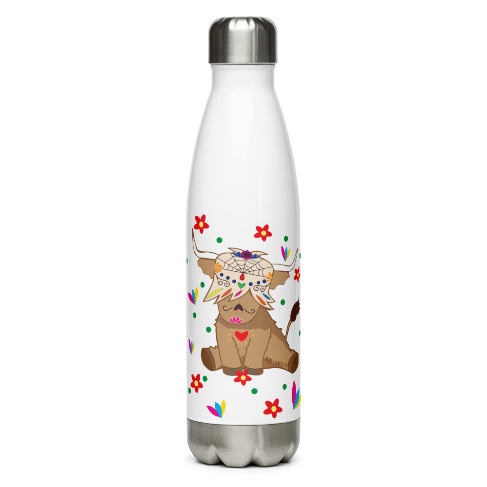 17 oz white flask with a colourful highland cow design inspired by dia de los muertos front view