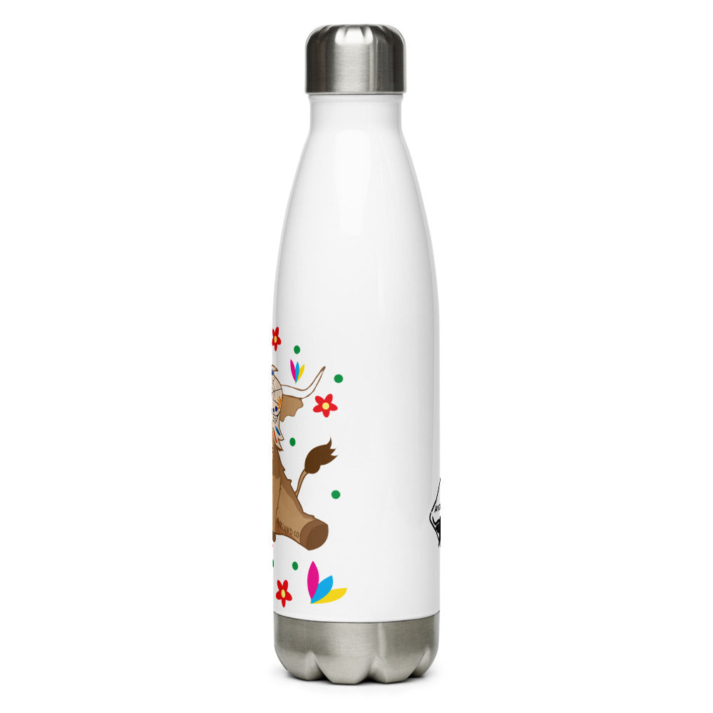 17 oz white flask with a colourful highland cow design inspired by dia de los muertos - left side view