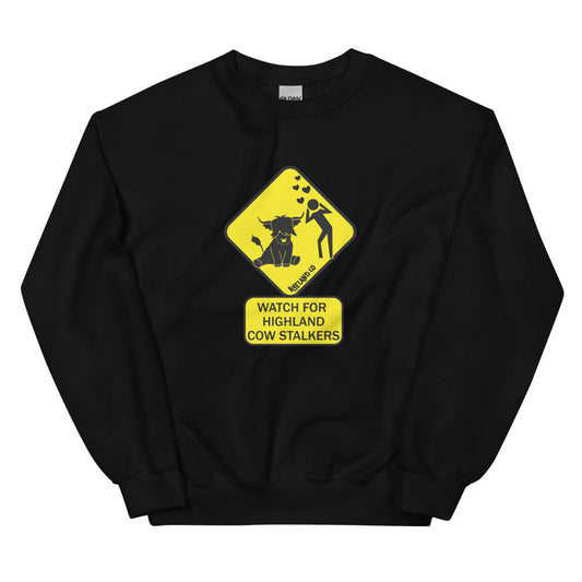 Funny yellow highland cow road sign watch for stalkers Sweatshirt