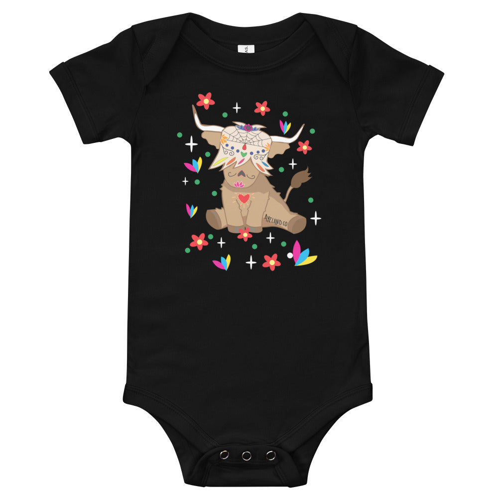 Cute highand cow day of the dead baby bodysuit mexican highland cow