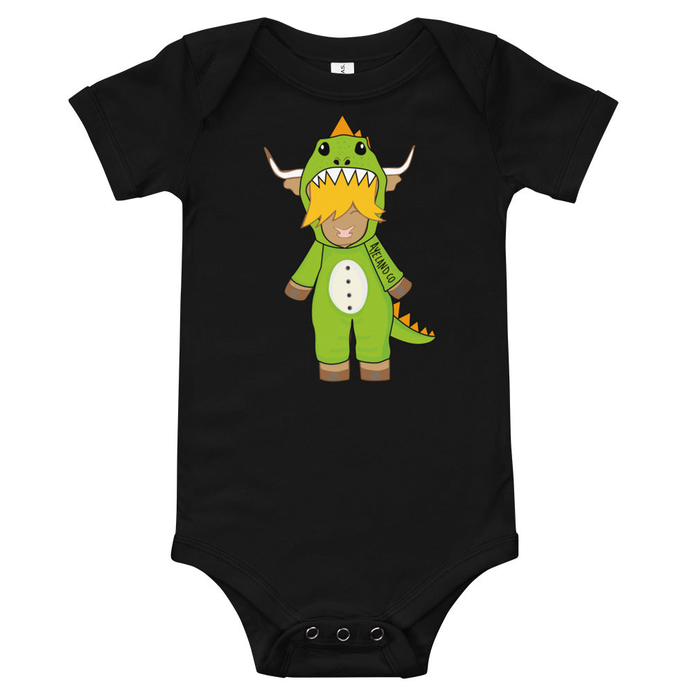 black baby onesie with the design of a highland cow costumed as a trex