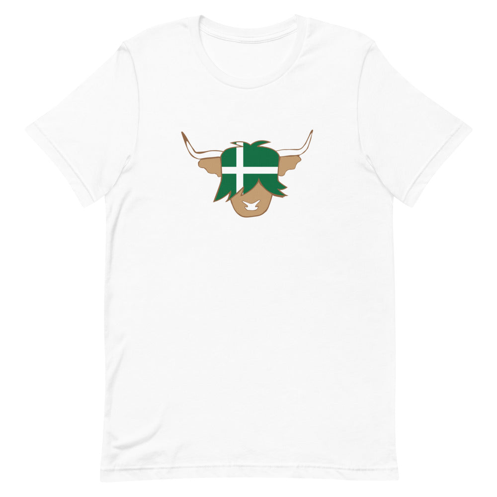 a white t-shirt with the flag of barra island in a highland cow