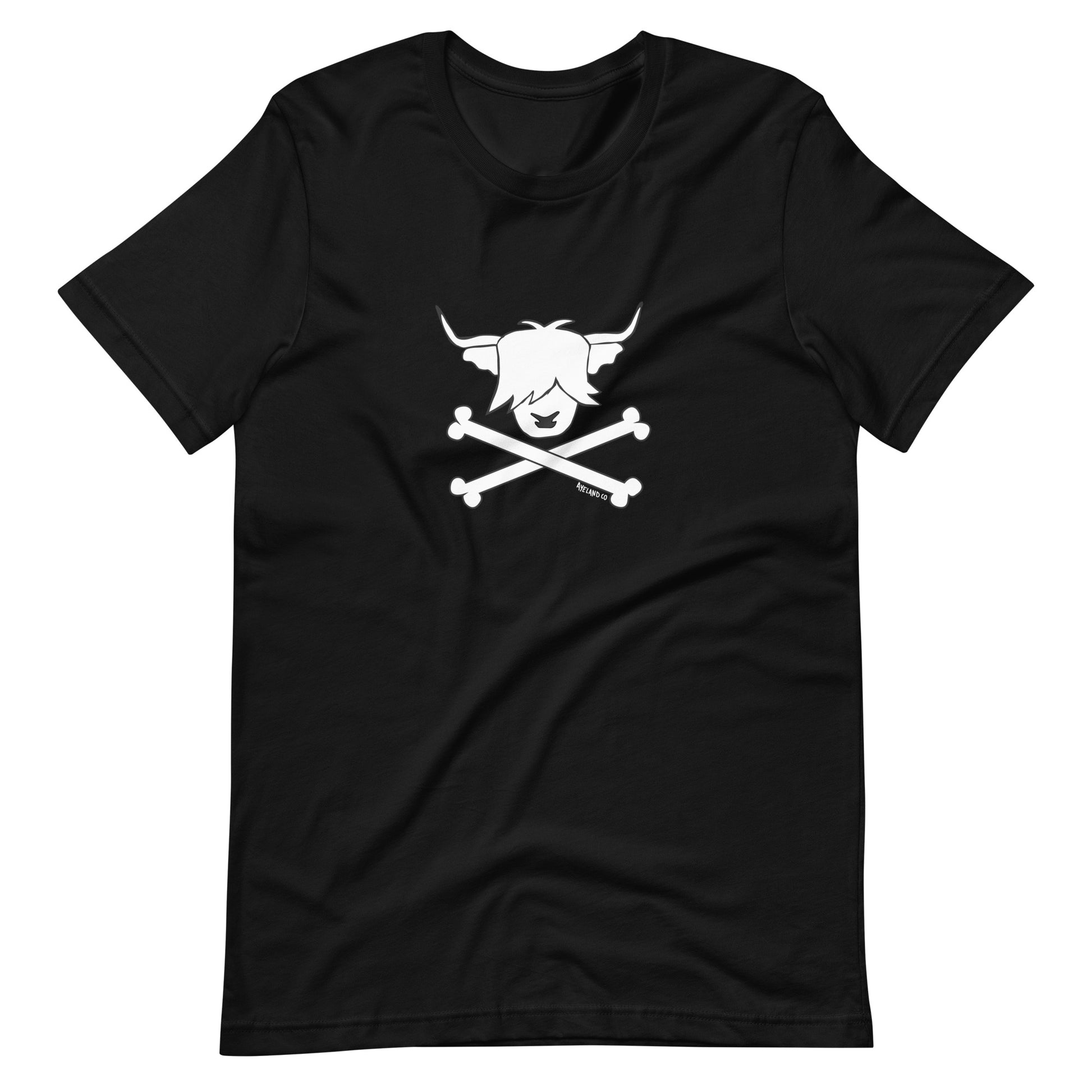 black tshirt with a pirate highland cow design on it