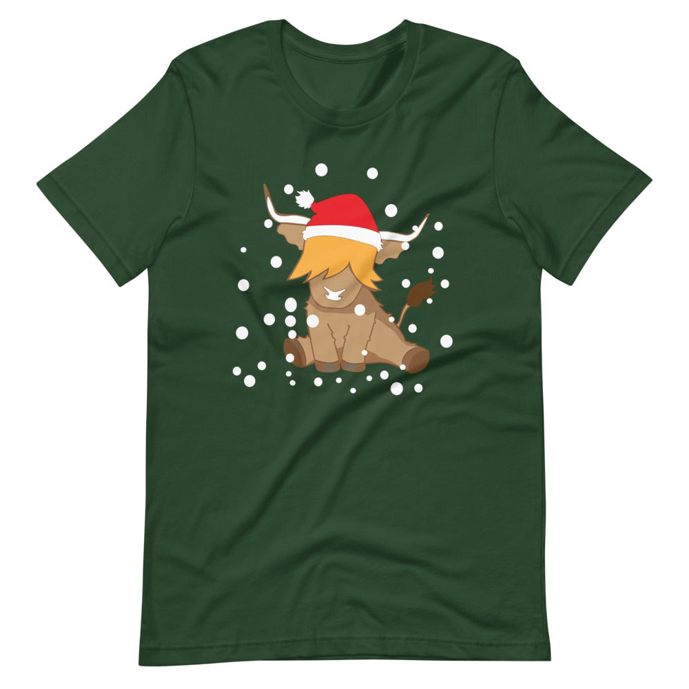 green t-shirt of a christmas highland cow wearing a santa hat