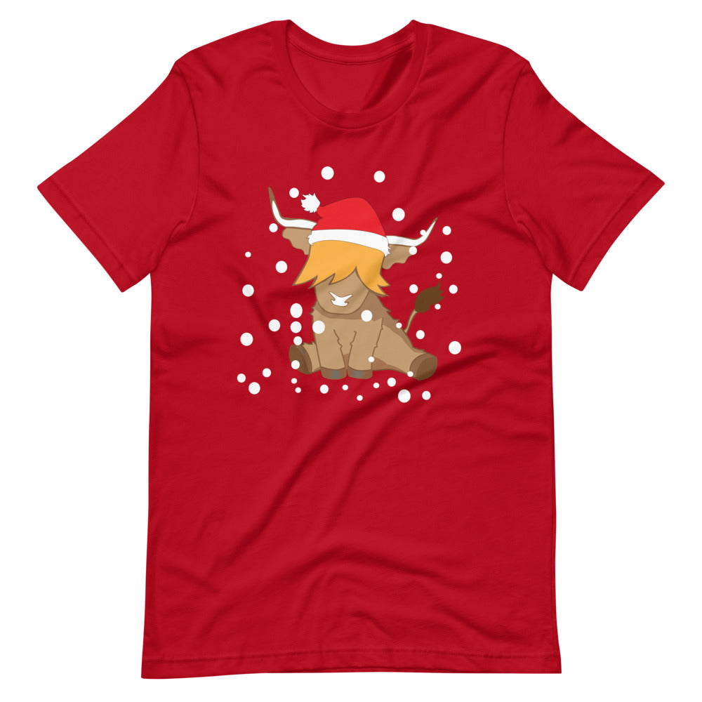 red t-shirt of a christmas highland cow wearing a santa hat