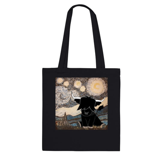 Artsy Highland cow black Tote bag van gogh starry night inspiration.