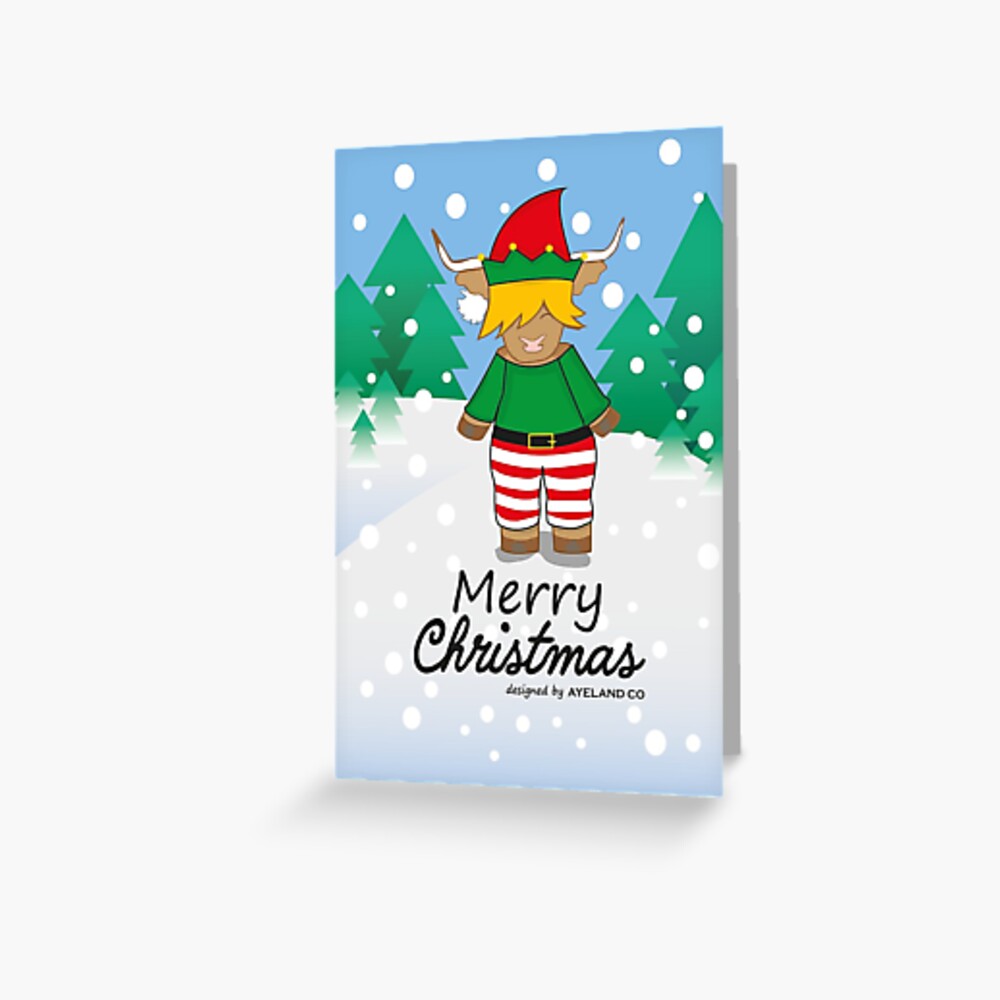christmas card with a highland cow wearing an elf costume