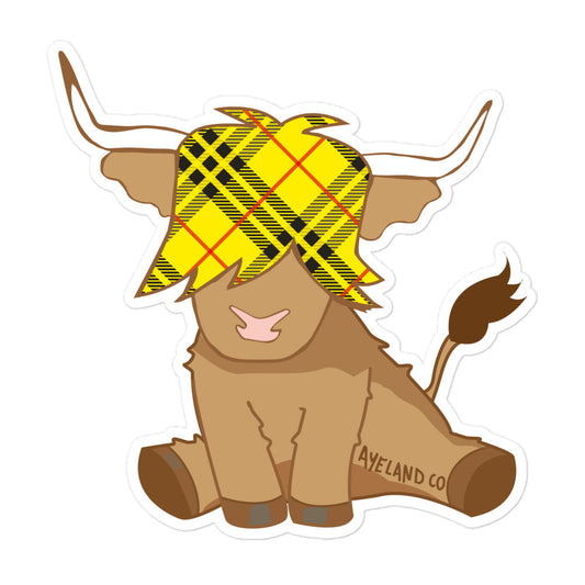 sticker with a highland cow wearing the MacLeod tartan