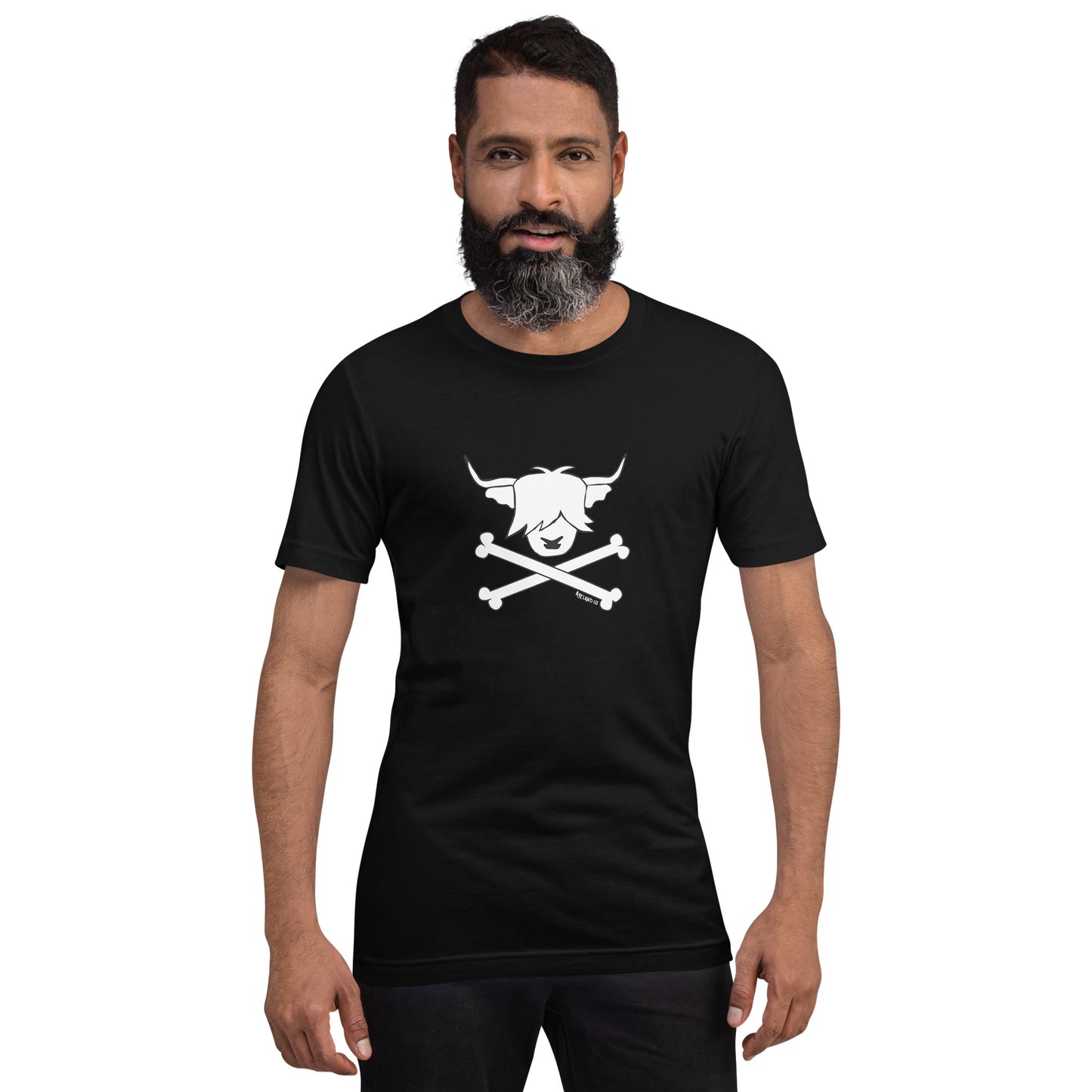Man wearing a black t-shirt with the design of a pirate highland cow