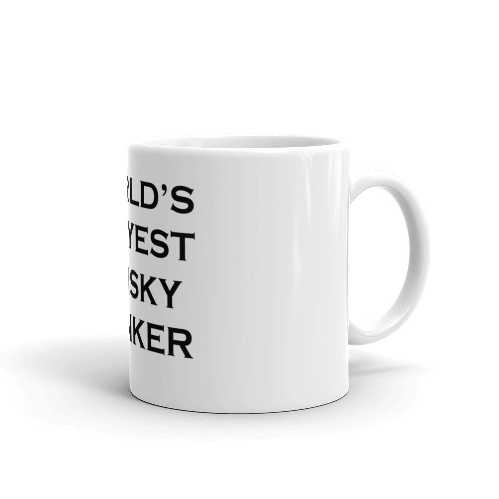 side of white mug featuring the quote world's okayest whisky drinker