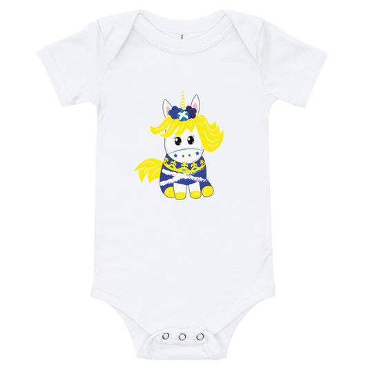 White babygrow featuring a cute Scottish unicorn with the flag of scotland and the crown