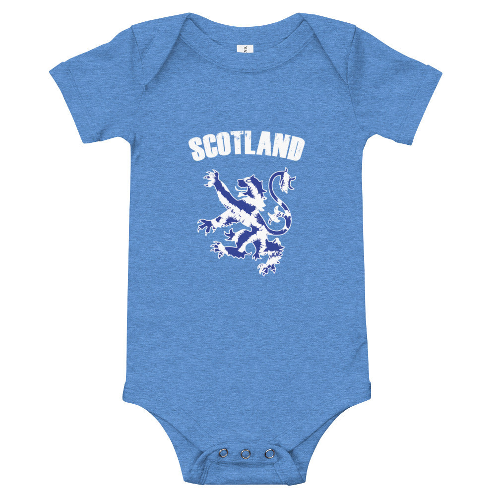 Blue babygrow featuring a super cute Rampant lion with the word "SCOTLAND"