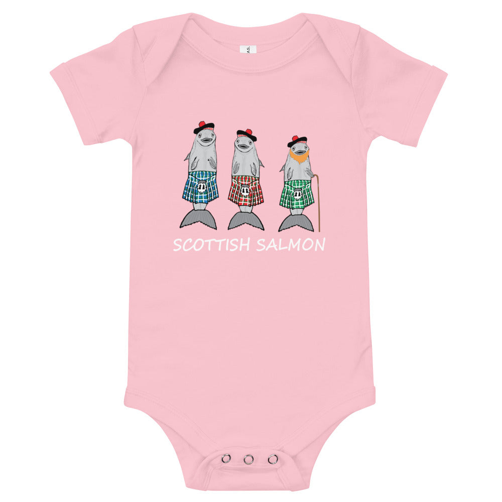 Pink babygrow featuring Scottish Salmons dressed with kilts.
