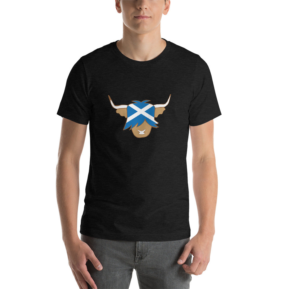 man wearing dark grey heather highland cow tshirt with scottish flag