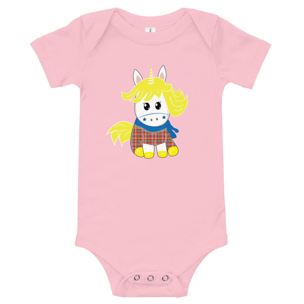 Pink babygrow featuring a super cute Scottish unicorn wearing a tartan jumpsuit .