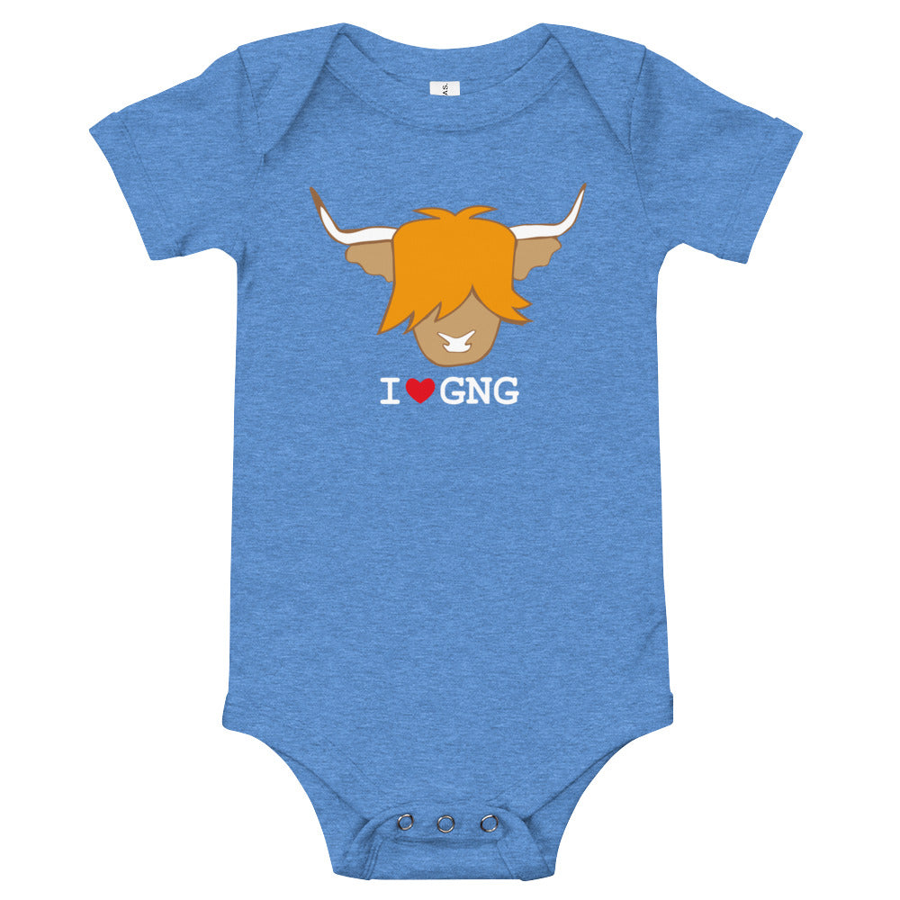 Blue baby bodysuit with a ginger highland cow head on it and the quote I love GNG