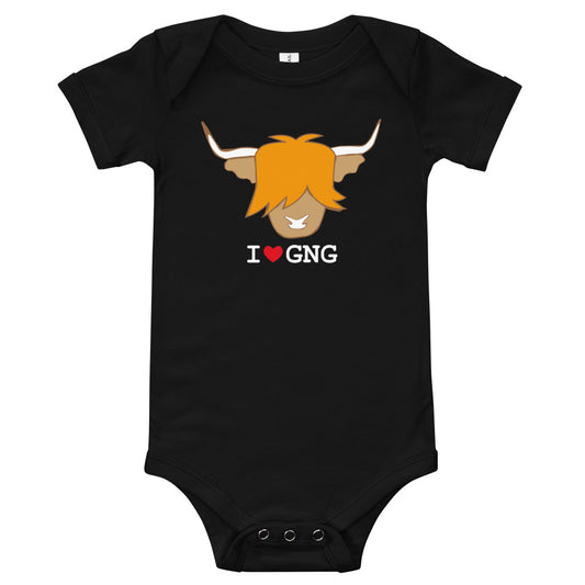 Black baby bodysuit with a ginger highland cow head on it and the quote I love GNG