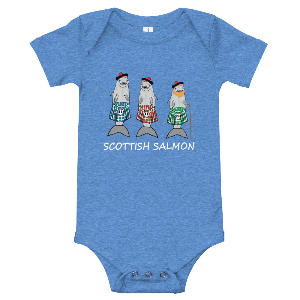 Blue babygrow featuring Scottish Salmons dressed with kilts.