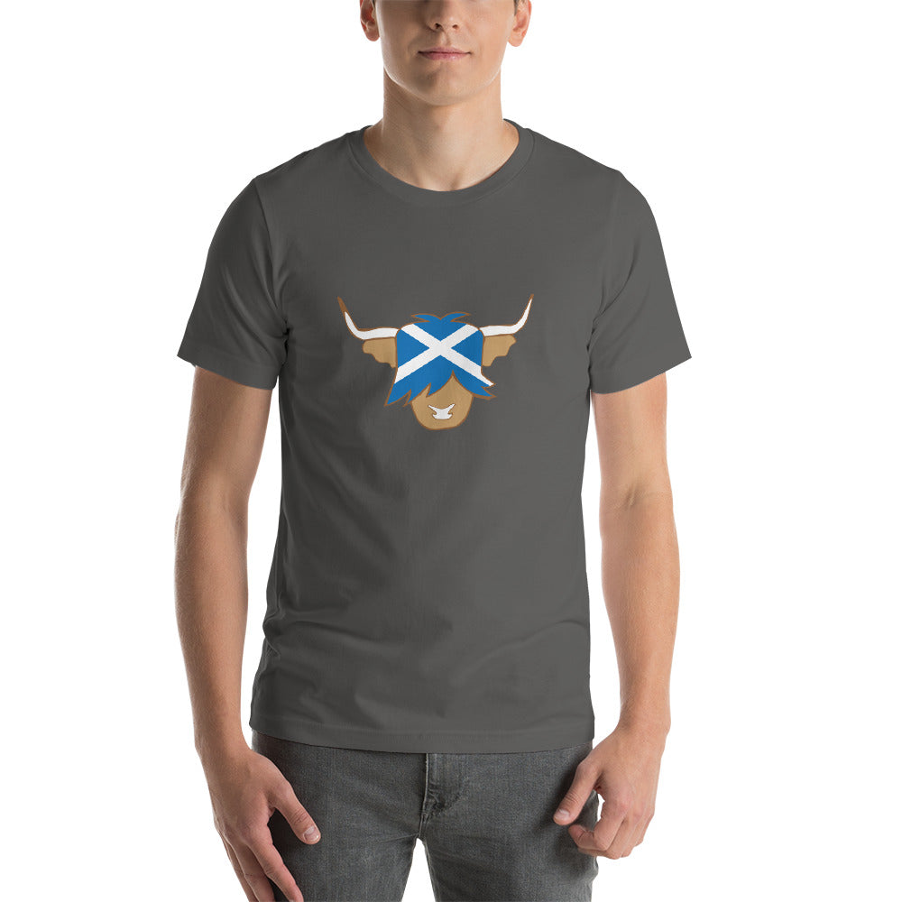 man wearing grey asphalt highland cow tshirt with scottish flag